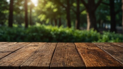 Empty brown wooden table top with green trees and sunlight in background. Grunge tabletop template background for presentation and advertisement of products. Mockup.