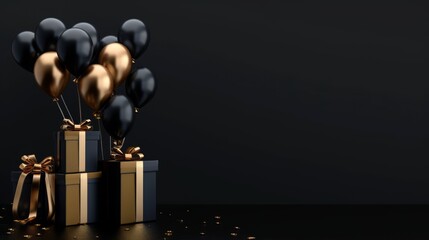 Elegant Black Gold Gift Box with Balloons and Ribbon on Black Background