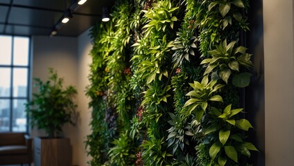 Green living wall with perennial plants in modern office. Urban gardening landscaping interior design. Fresh green vertical plant wall inside office.