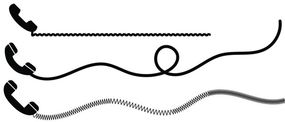 Telephone receiver with a cord. Phone handset with extension cord. Black silhouette isolated on a white background. EPS 10. vector illustraton