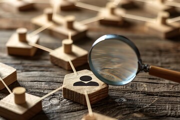 HR human resources management concept. magnifying glass focuses on manager icon on wooden block with connection link network for organisation structure. employment headhunting, candidate