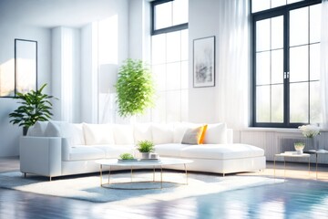 Modern Living Room with Natural Light. Minimalist Decor Concept. Bright and airy living room with a minimalist aesthetic, featuring a white sofa, simple furniture, and large windows.