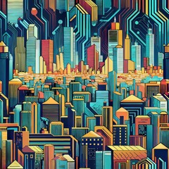 Obraz premium eamless pattern of circuit board lines forming abstract shapes and symbols, adding a sense of mystery and intrigue to your gift wrap, Generative AI