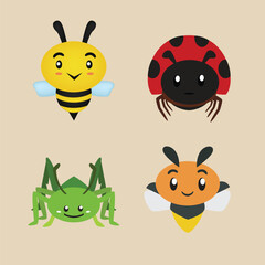 Cute Illustration of Garde Animas Bee, Ladybug, Grasshoppers and Fireflies