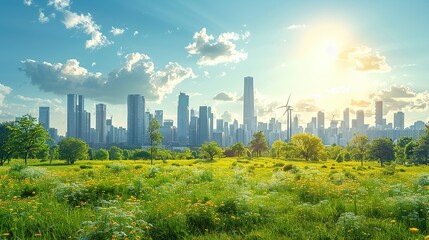 Fototapeta premium A city skyline is visible in the background of a field of grass