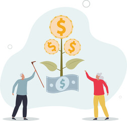elderly couple, grandpa look at money growth plant profit.flat vector illustration.