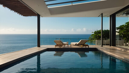 Fototapeta premium Sea view swimming pool in modern loft design,Luxury ocean Beach house