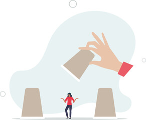 employer hand lifting up the chosen cup to choose candidate businesswoman from guess game cups.flat vector illustration.