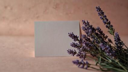 White blank paper card laying in shadows next to some lavender flowers on pale pink background. Top...