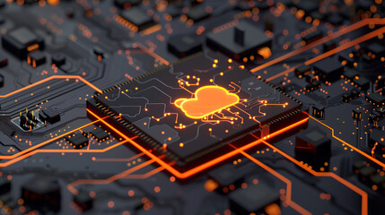 A computer chip with a cloud on it. The chip is orange and black