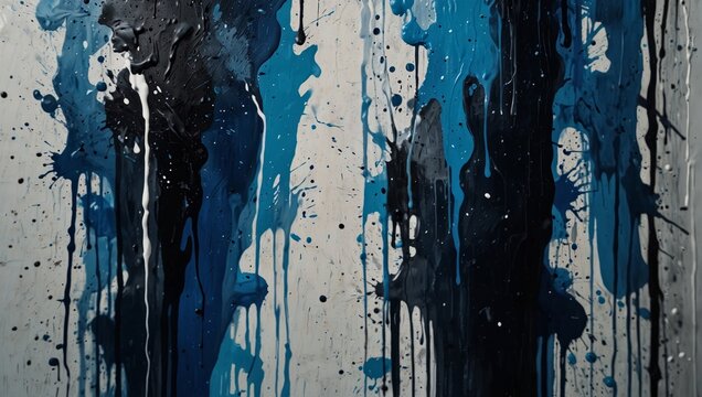 Abstract modern contemporary art background. Blue and white oil painting on canvas. Fragment of artwork. White, navy, blue color drips, flows, streaks of paint and paint sprays.