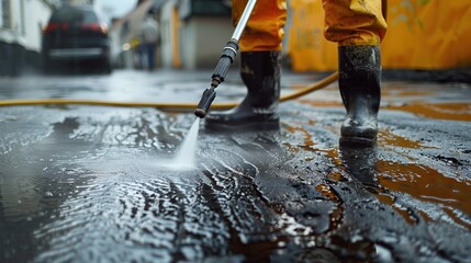 Workers use a pressure washer to clean the driveway of dirt, mud and gasoline.