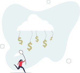 businesswoman investor catching dollar money sign falling from cloud.flat vector illustration.