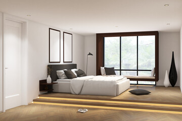 3d render of interior bedroom with window daybed, standing lamp & frame mock up. Tatami wood parquet floor, white wall and white ceiling. Set 7