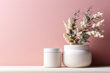 White plastic jar and eucalyptus branch on pink background, container for cosmetics