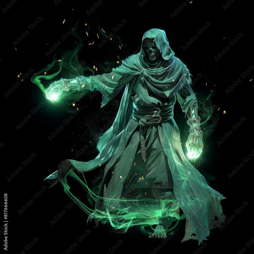 Sticker floating 3D full color illustrated image of Necromancer D&D style isolated against a black background