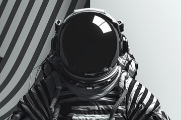 Black and white image of an astronaut in a striped spacesuit and huge headphones, retro lines effect. Generated by artificial intelligence