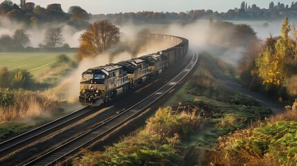 Fototapeta premium Glistening charcoal freight train crossing a misty countryside, ample text space on left.