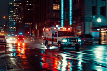An ambulance rushing through nighttime traffic