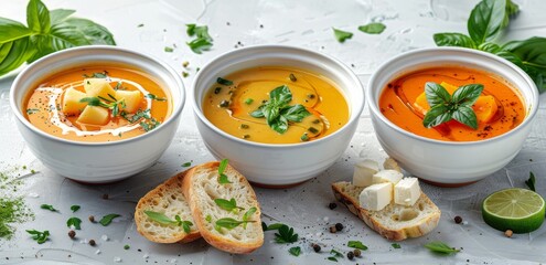 Three Bowls of Soup With Bread and Herbs