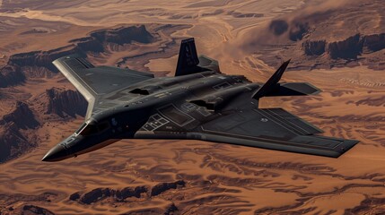 Jet black stealth bomber flying over a desolate desert landscape, left side for copy space.