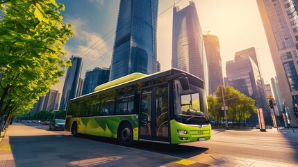 Obraz premium Leaf green eco-friendly electric bus in a modern cityscape at noon, text space on the left.