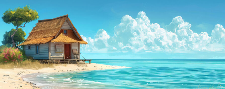 A simple beach hut with a thatched roof and a small porch, overlooking a serene ocean