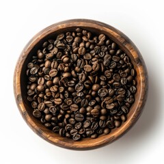 Coffee beans arranged in a wooden bowl on a clean white surface