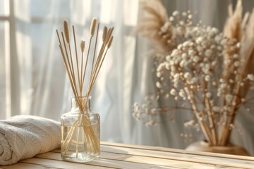 Fototapeta premium Aromatic reed air freshener on wooden table with text space