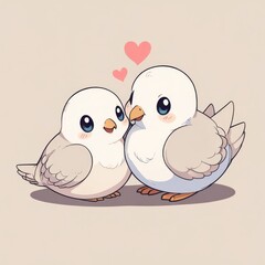 Two white birds are sitting next to each other with a heart in the middle