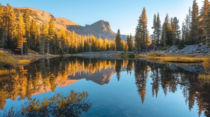 Tranquil mountain lake with a stunning reflection of trees and hills during golden hour