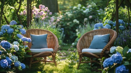 Two Wicker Chairs in Garden With Blue Flowers