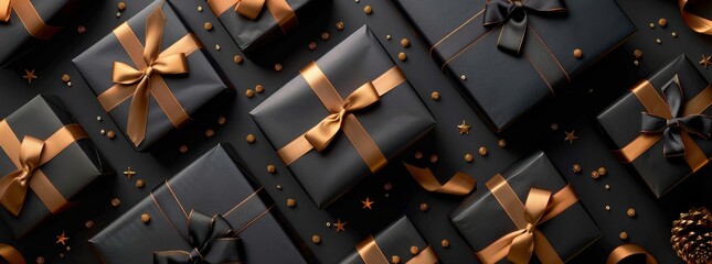 Christmas Presents With Gold Ribbons on Black Background