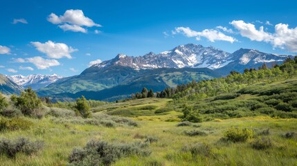 Naklejka premium Breathtaking view of snow-capped mountains with lush greenery in the foreground
