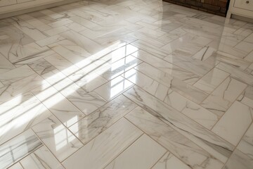Marble floor tiles, arranged in a classic herringbone pattern, with a high-gloss finish,