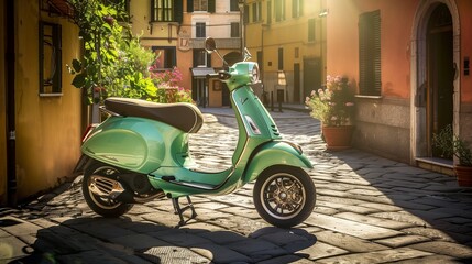 Mint green Vespa parked in a sunny Italian street scene, ample copy space on the left.