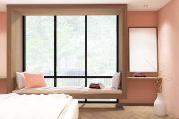 3d render of interior bedroom with window daybed, standing lamp & frame mock up. Tatami wood parquet floor, blue wall and white ceiling. Set 10