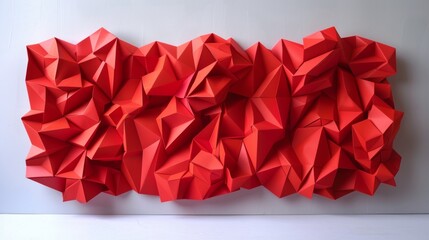 Abstract origami artwork made of folded red paper blocks.