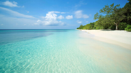 Discover the serene and tranquil tropical beach paradise with crystal clear water. White sand. And untouched greenery. Making it an idyllic and tranquil beachscape getaway