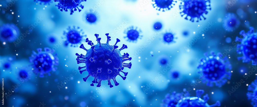 Sticker High definition representation of blue virus cells in a floating, microscopic environment