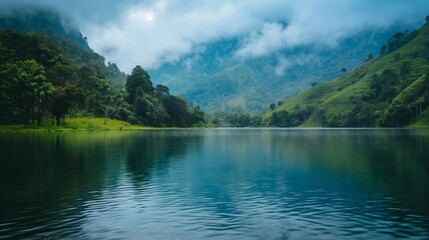 Tranquil and serene lakeside surrounded by lush greenery. With misty mountains reflecting in calm water