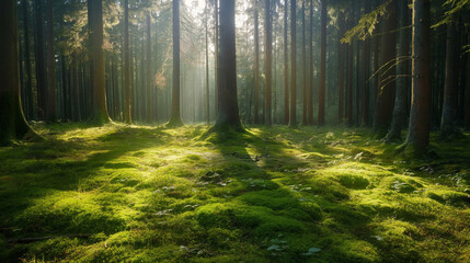 Obraz premium Tranquil and serene sunlit mossy forest with lush greenery. Filtered sunlight. Peaceful tranquility. Creating a beautiful and natural landscape in the eco-friendly woodland environment