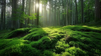 Tranquil forest scene with sun rays piercing through trees onto a lush, moss-covered floor