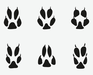 racoon paw print. set of raccoon paw prints or silhouettes isolated on a white background.
