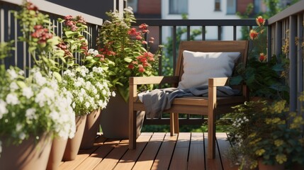 Fototapeta premium Beautiful balcony or terrace with wooden floor, chair and green potted flowers plants. Cozy relaxing area at home. Sunny stylish balcony terrace in the city