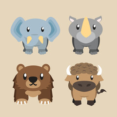 Cute illustration of wild animal of Elephants, Rhinos, Bears and Bison