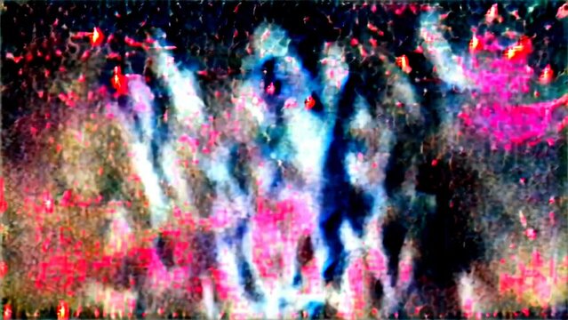 abstract psychedelic animation with people silhouette, color noise, seamless VJ loop