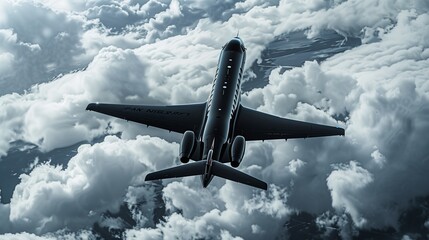 Sleek black jet airplane ascending above cloudy skies, ample copy space on the left.