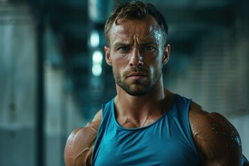 Fototapeta premium A man with a blue tank top is standing in a dark room