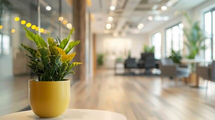 A potted plant is focused in the foreground with a blurred modern office interior, showcasing a bright and eco-friendly workspace